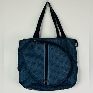 Women's Navy Patterned Tennis Tote Bag with Front Zip Racquet Pocket
